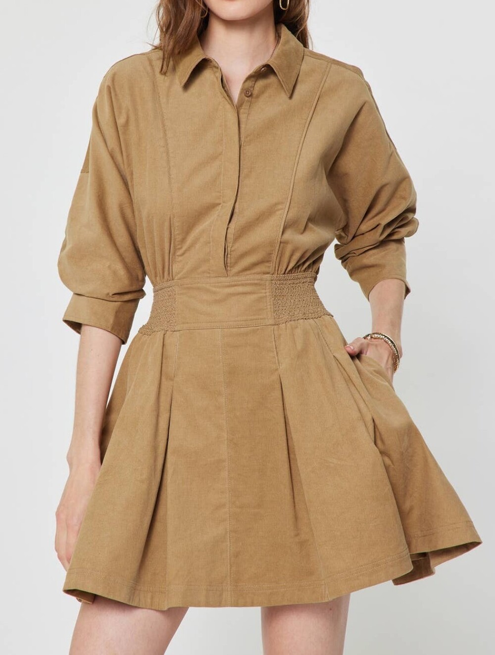 Current Air Tan Smocked-Waist Corduroy Shirtdress